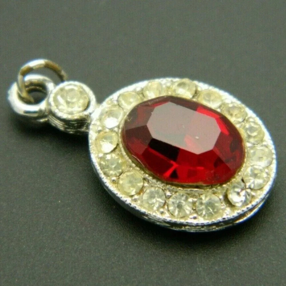 Clear Red Rhinestone Silver Tone Dainty Pendant